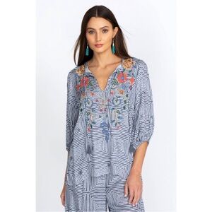 Johnny Was Taryn Boho Embroidered Blue Geometric Women's Top Viscose XS Floral